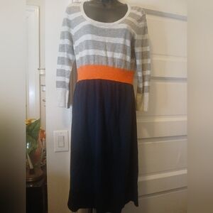 Boden Sweater Dress Size 14R Blue Gray Orange Stripe Midi Cashmere Angora